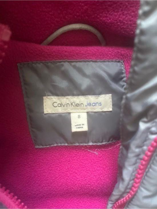 Calvin Klein Jeans Girls' Gray Puffer Coat with Pink Trim