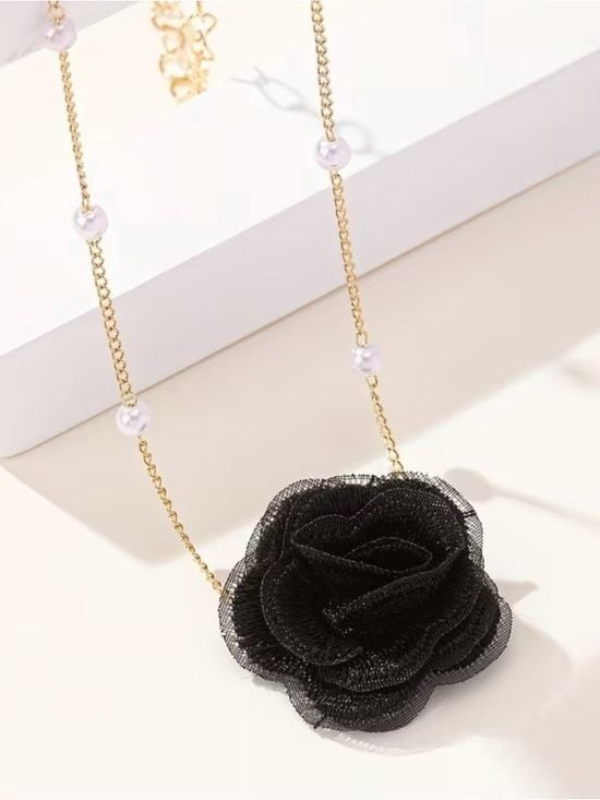 Black Flower Gold-Plated Choker Necklace with Faux Pearls and Fabric Rose