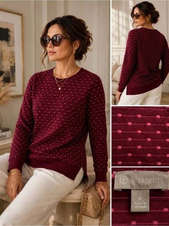 Talbots Women's Burgundy Dot-Textured Crewneck Sweater Small Petite