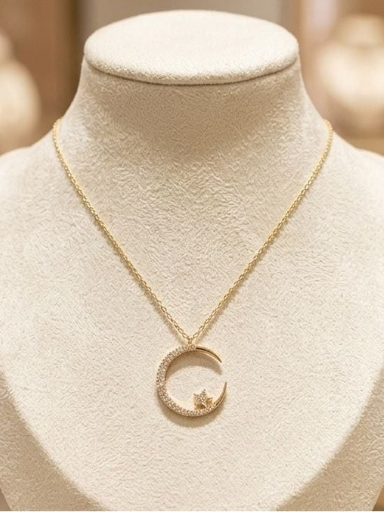 Crescent Moon and Star Pendant Necklace in Rose Gold