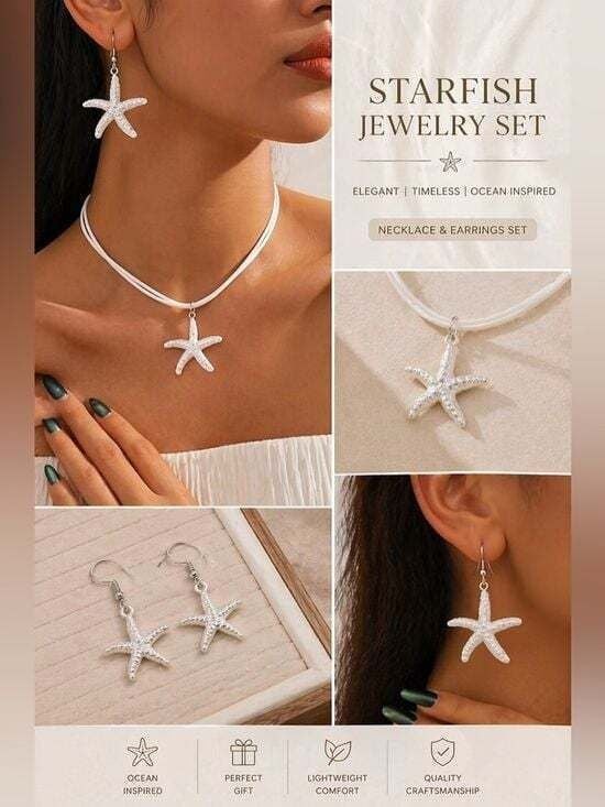 Starfish Necklace and Earrings Jewelry Set - White